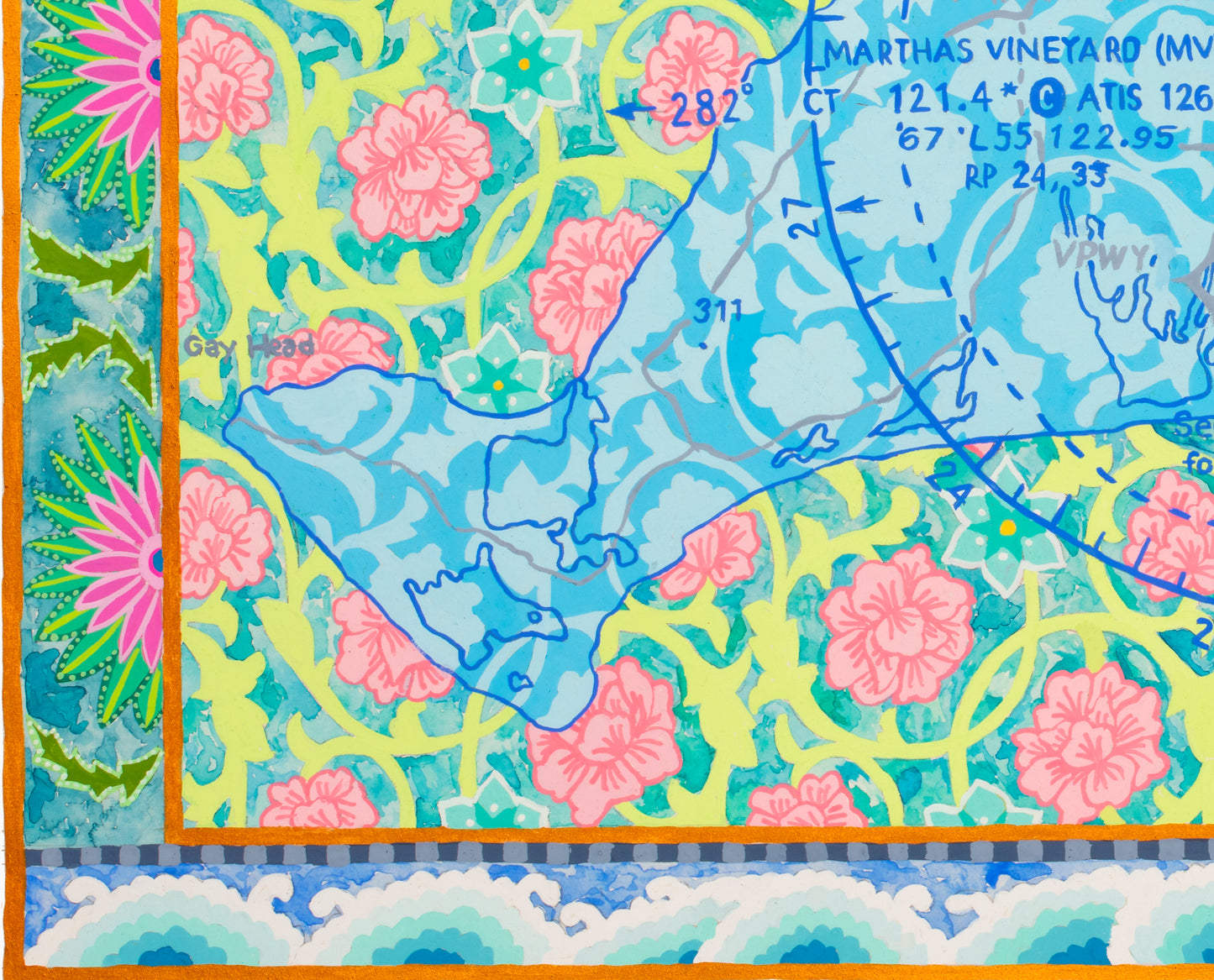 "Martha's Vineyard Map, Pink Floral" giclée print